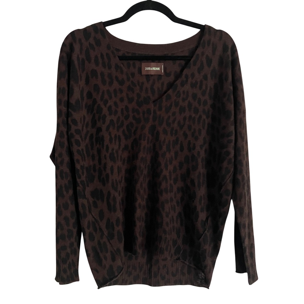 Zadig & Voltaire Sweater Womens S Brown Leopard Cashmere‎ V-Neck Brumy Leo Edgy